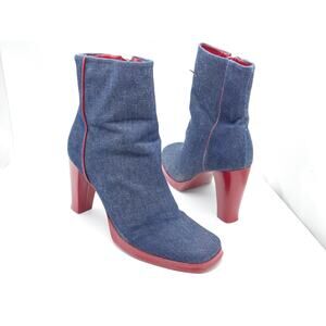 Y2K  BCBG Max Azria Demin Women Stack Heel Boots Size 9.5 40 1/2 RARE Red Trim